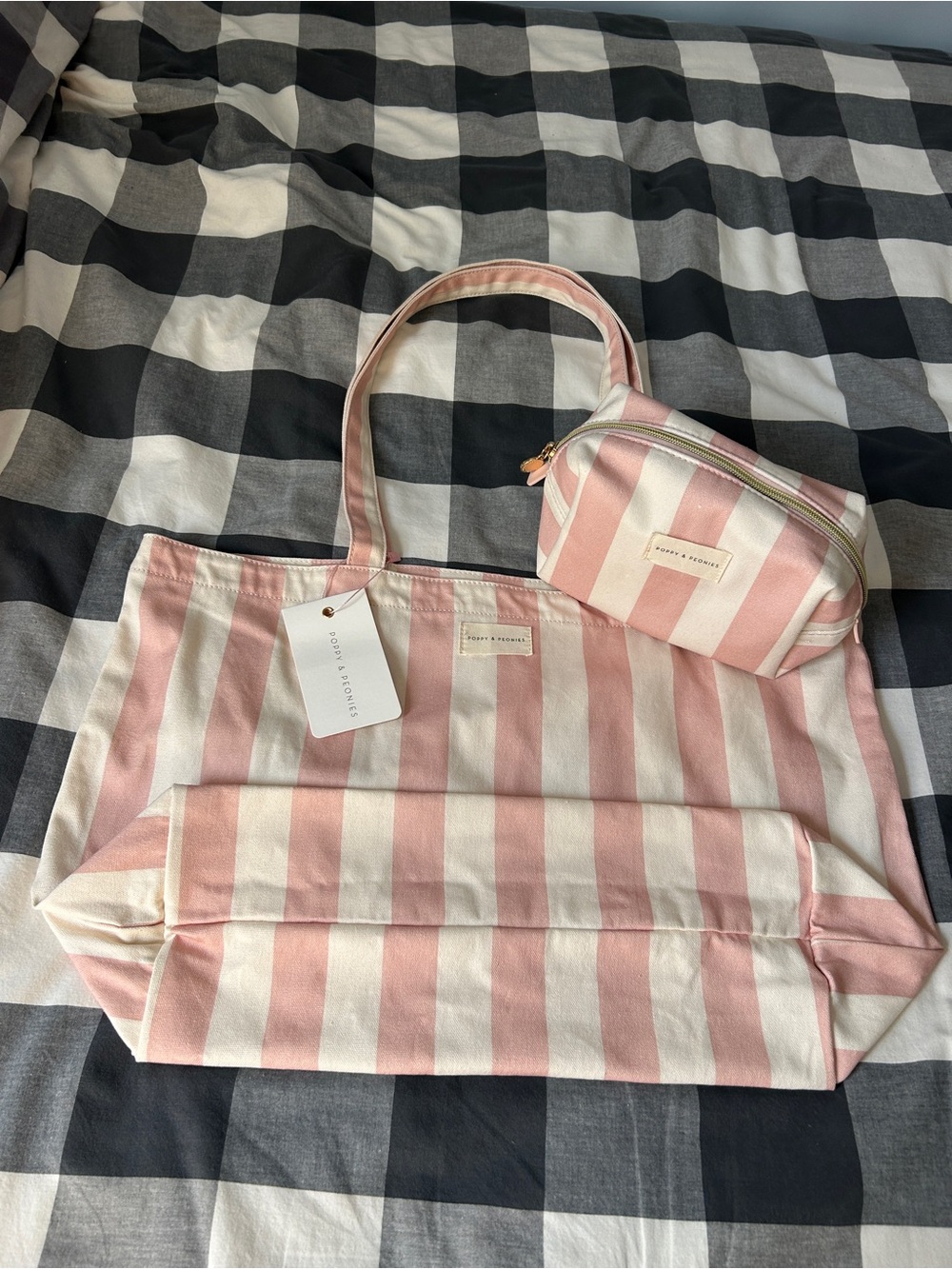 Poppy & Peonies Pink Stripe Canvas Tote Bag and matching cosmetic pouch - Picture 5 of 10